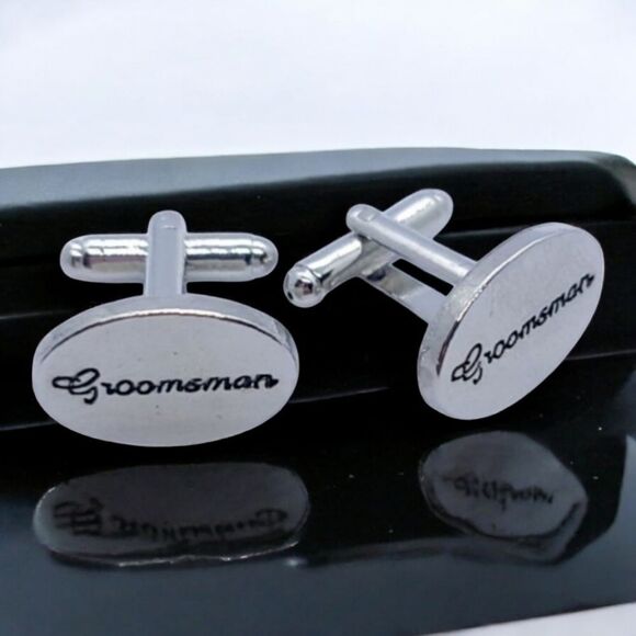 GROOMSMAN Wedding Cufflinks Silver Engraved Bridal Party Formal Tuxedo Cuff Link - Picture 1 of 5